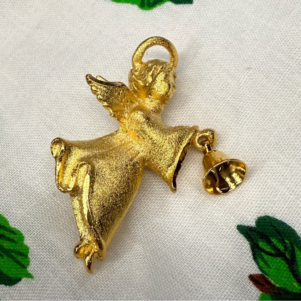 Vintage Robyn Rush Gold-Tone Angel Brooch with Dangling Bell